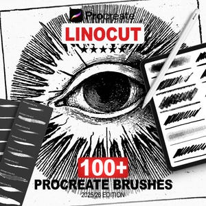 Puede incluir: Suministros de arte digital para Procreate, con una tableta con trazos de pincel, un lápiz óptico y tarjetas que muestran varios estilos de arte lineal. La imagen incluye el texto "LINOCUT" y "100+ PROCREATE BRUSHES".