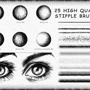 May include: A set of 25 high quality stipple brushes for digital art. The brushes are shown as circles and lines, with a variety of sizes and densities. The text "25 HIGH QUALITY STIPPLE BRUSHES" is at the top of the image.