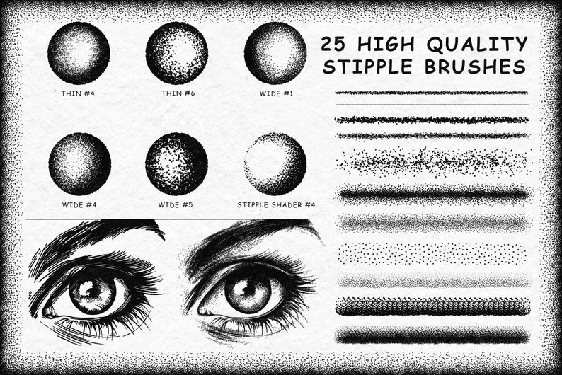 May include: A set of 25 high quality stipple brushes for digital art. The brushes are shown as circles and lines, with a variety of sizes and densities. The text "25 HIGH QUALITY STIPPLE BRUSHES" is at the top of the image.