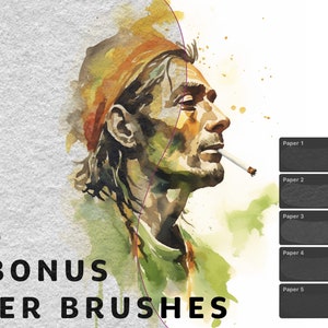 May include: A watercolor painting of a man with a bandana and a cigarette in his mouth. The painting is on a textured paper background. The text +5 BONUS PAPER BRUSHES is at the bottom of the image. There are five gray swatches labeled Paper 1 through Paper 5.