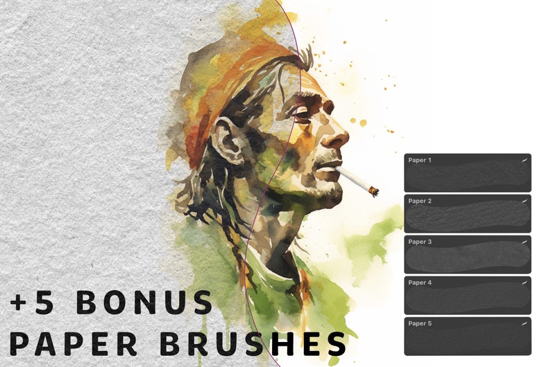 May include: A watercolor painting of a man with a bandana and a cigarette in his mouth. The painting is on a textured paper background. The text +5 BONUS PAPER BRUSHES is at the bottom of the image. There are five gray swatches labeled Paper 1 through Paper 5.