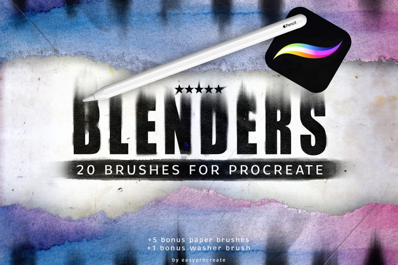 May include: A digital illustration of a set of 20 blending brushes for Procreate, with a white Apple Pencil and the Procreate app icon. The text "BLENDERS" is in large, bold, black letters, with the text "20 BRUSHES FOR PROCREATE" below it. The background is a textured, white paper with a watercolor wash in blue and purple.