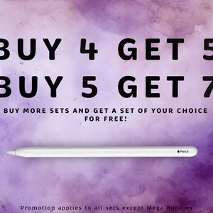 May include: Purple watercolor background with the text "BUY 4 GET 5 BUY 5 GET 7 BUY MORE SETS AND GET A SET OF YOUR CHOICE FOR FREE!" and a white Apple Pencil on a white background.
