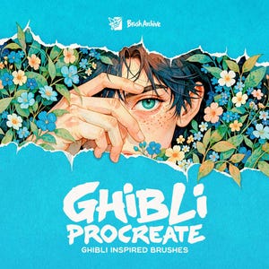 Könnte beinhalten: Eine digitale Illustration einer Person mit dunklem Haar und grünen Augen, die durch einen Riss in blauem Papier schaut, umgeben von blauen und gelben Blumen. Der Text lautet Brush Archive, GHIBLI PROCREATE und GHIBLI INSPIRED BRUSHES.