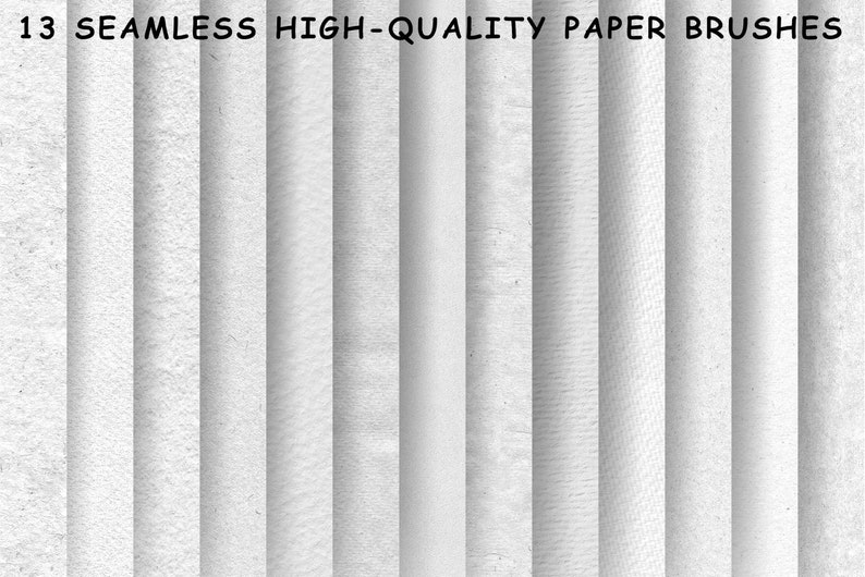 May include: Thirteen seamless high-quality paper brushes. The brushes are white and have a variety of textures, including smooth, rough, and textured.