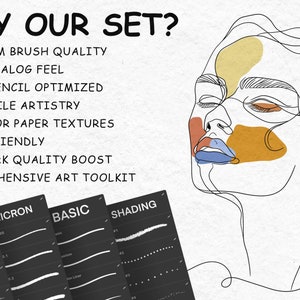 May include: A digital art brush set for use with Apple Pencil. The set includes four categories of brushes: Sketch, Micron, Basic, and Shading. The image also includes text that reads "WHY OUR SET?" and lists the features of the brush set: Premium brush quality, Real analog feel, Apple Pencil optimized, Versatile artistry, Superior paper textures, User-friendly, Artwork quality boost, and Comprehensive art toolkit.