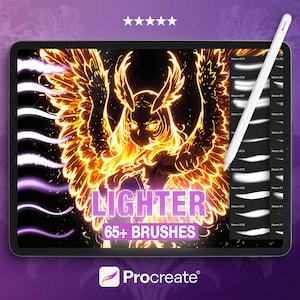 Könnte beinhalten: Digitale Illustration auf einem Tablet mit einem leuchtenden Engel mit Flügeln, dem Wort „LIGHTER“ und „65+ BRUSHES“. Ein weißer Stift liegt auf dem Tablet. Das Procreate-Logo befindet sich unten.