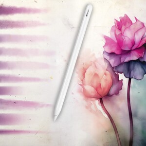 May include: A white Apple Pencil with a light gray background featuring a watercolor painting of two pink and purple flowers.