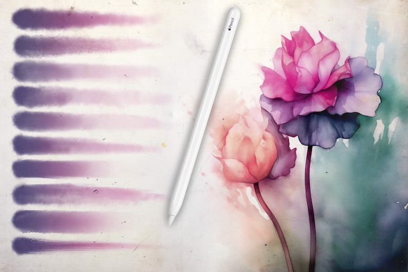 May include: A white Apple Pencil with a light gray background featuring a watercolor painting of two pink and purple flowers.