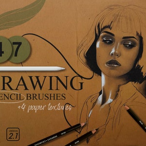 May include: A digital illustration of a woman with short hair, drawn in black and white on a brown paper texture. The image includes the text "DRAWING &PENCIL BRUSHES +4 paper textures" and "VERSION 2.1".