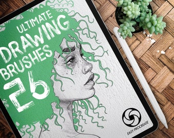 Pode incluir: Uma ilustração digital de uma mulher com cabelo verde na tela de um tablet. O texto "ULTIMATE DRAWING BRUSHES 26" está em branco sobre um fundo verde. O texto "EASY PROCREATE" está em branco sobre um círculo preto.