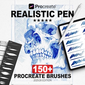 Puede incluir: Pinceles de arte digital para Procreate, con una ilustración de calavera y una tableta que muestra trazos de pincel. La imagen incluye el texto "REALISTIC PEN" y "150+ PROCREATE BRUSHES 2025/26 EDITION". Se muestran varios ejemplos de trazos.
