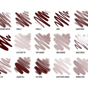 May include: A collection of 15 different brush stroke samples, each with a unique texture and style. The samples are labeled with names like "Softy Texture Sketch", "Pencil 1", "Brush", "Flat Light Tip", "Soft Marker", "Lined Marker", "Magic Brush", "Square Tip", "Square Fill", "Flat Iron", "Light Paper Shader", and "Burned Edge".