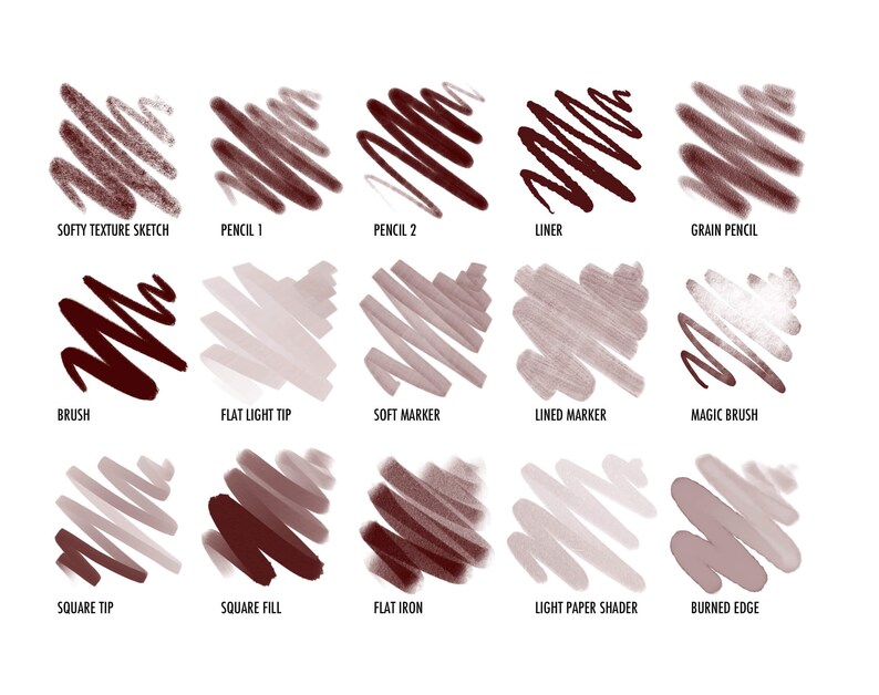 May include: A collection of 15 different brush stroke samples, each with a unique texture and style. The samples are labeled with names like "Softy Texture Sketch", "Pencil 1", "Brush", "Flat Light Tip", "Soft Marker", "Lined Marker", "Magic Brush", "Square Tip", "Square Fill", "Flat Iron", "Light Paper Shader", and "Burned Edge".