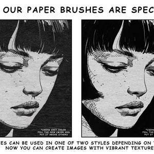 May include: Two black and white illustrations of a woman's face with a short bob haircut. The text "USING GREY COLOR FILL THE NEW LAYER AND PUT IT ABOVE OTHERS" and "USING GREY COLOR FILL THE NEW LAYER AND PUT IT BELOW OTHERS" is visible below each illustration. The text "OUR BRUSHES CAN BE USED IN ONE OF TWO STYLES DEPENDING ON YOUR GOALS. NOW YOU CAN CREATE IMAGES WITH VIBRANT TEXTURE" is visible below the illustrations.