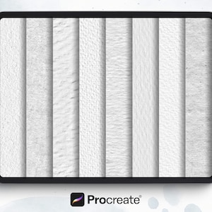 May include: A digital tablet displays a series of white textured patterns, including fabric, sand, and wood grain. A white stylus rests beside the tablet. The Procreate logo is visible in the lower left corner.