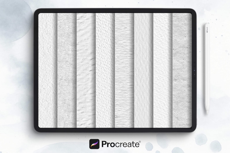 May include: A digital tablet displays a series of white textured patterns, including fabric, sand, and wood grain. A white stylus rests beside the tablet. The Procreate logo is visible in the lower left corner.