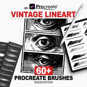 May include: Digital art brushes for Procreate, featuring a vintage line art theme. The image includes a tablet displaying brush strokes, a stylus, and examples of brush sets. The text reads "Vintage Lineart" and "60+ Procreate Brushes."