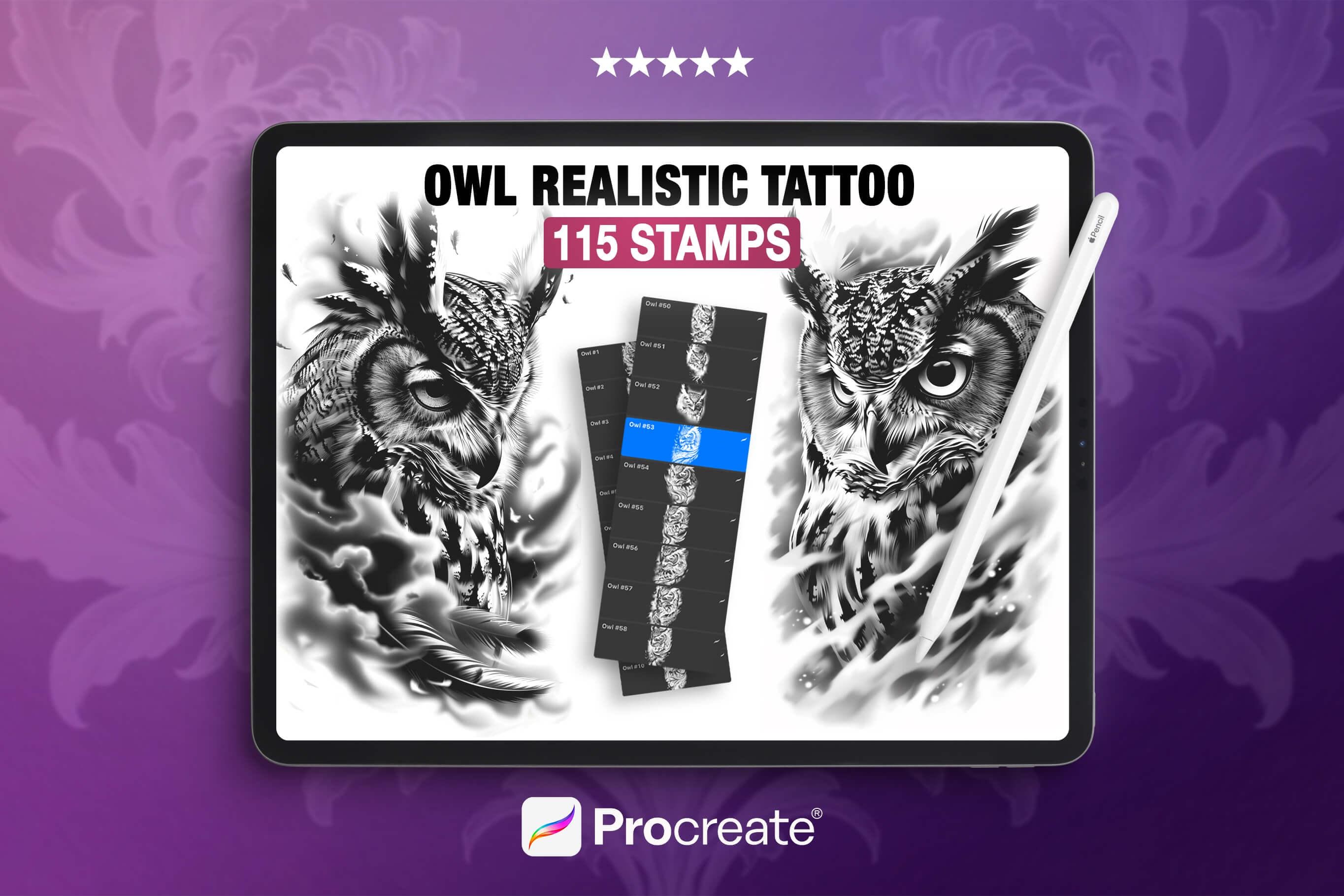 Owl Tattoo Stamps for Procreate: 115 Realistic Bird Brushes - Commercial Use