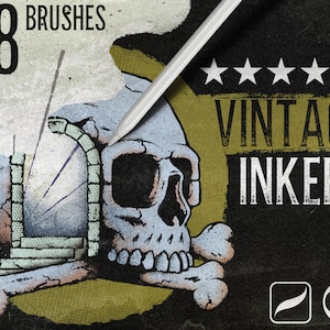 May include: A set of 28 vintage ink brushes, featuring a skull and crossbones design with a grunge aesthetic. The text "Vintage Inkers" is displayed in a bold, vintage font.