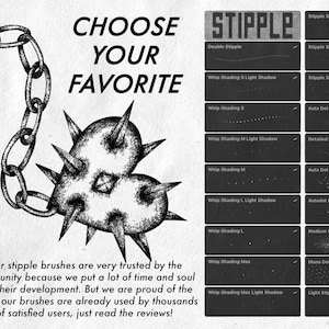May include: A black and white illustration of a spiked ball on a chain. The image is a promotional graphic for a set of stipple brushes. The text "CHOOSE YOUR FAVORITE" and "STIPPLE" is displayed above the illustration. The graphic also includes a grid of 16 different stipple brush styles.