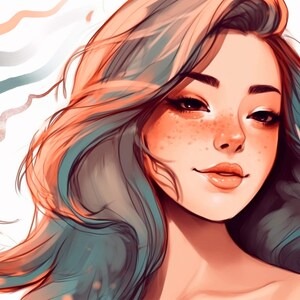 May include: A digital painting of a woman with long, flowing hair. Her hair is a mix of orange and blue. She has freckles and is smiling.