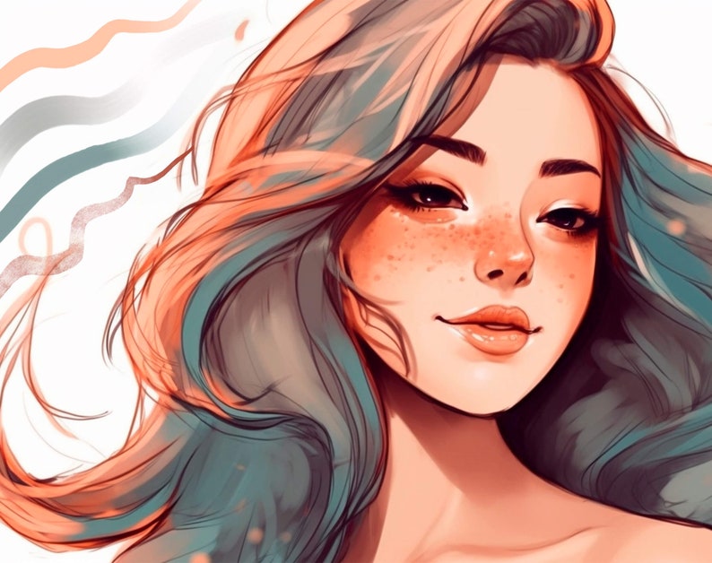 May include: A digital painting of a woman with long, flowing hair. Her hair is a mix of orange and blue. She has freckles and is smiling.