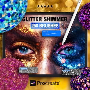 Może przedstawiać: Reklama produktu do sztuki cyfrowej. Obraz przedstawia ekran tabletu z napisem "Glitter Shimmer 250 Brushes" oraz zbliżenie oczu z brokatowym makijażem. Kulki brokatu w kolorze niebieskim i fioletowym otaczają tablet, wraz z białym rysikiem.