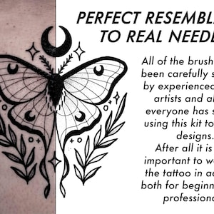 May include: Black and white line art tattoo design of a moth with a crescent moon and stars. The text "PERFECT RESEMBLANCE TO REAL NEEDLES" is in the upper right corner of the image. The text below the image reads: "All of the brushes have been carefully selected by experienced tattoo artists and almost everyone has started using this kit to create designs. After all it is very important to work out the tattoo in advance both for beginners and professionals!"