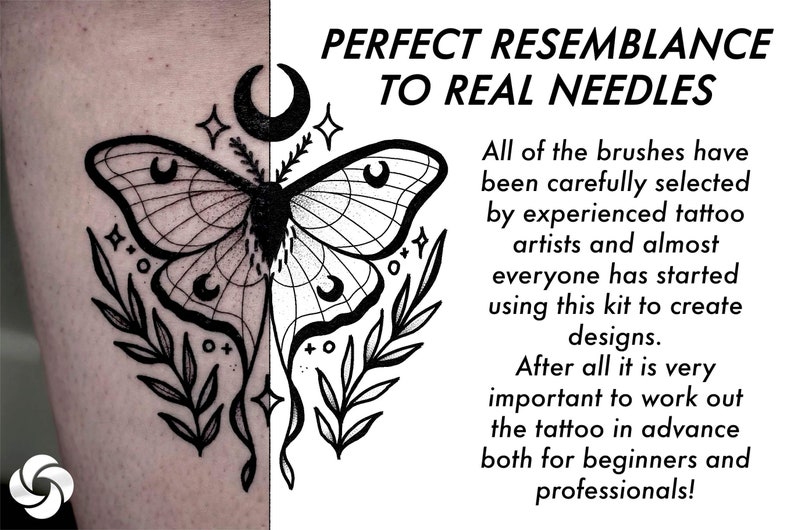 May include: Black and white line art tattoo design of a moth with a crescent moon and stars. The text "PERFECT RESEMBLANCE TO REAL NEEDLES" is in the upper right corner of the image. The text below the image reads: "All of the brushes have been carefully selected by experienced tattoo artists and almost everyone has started using this kit to create designs. After all it is very important to work out the tattoo in advance both for beginners and professionals!"