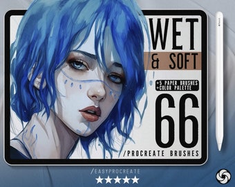 66 Wet And Soft Procreate Brushes With 5 Bonus Paper Textures For Procreate and Color Palette, Soft Procreate Brush Bundle, Sketch Brushes