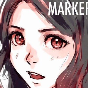 May include: Close-up of a woman's face with large brown eyes, a slightly open mouth, and long dark hair. The word "MARKERS" is written in white letters across the top of the image.