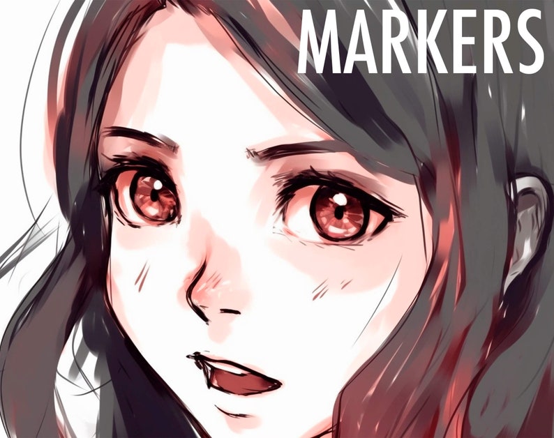 May include: Close-up of a woman's face with large brown eyes, a slightly open mouth, and long dark hair. The word "MARKERS" is written in white letters across the top of the image.