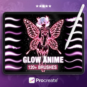 May include: A digital tablet displays a neon pink anime fairy illustration with butterfly wings, the text "GLOW ANIME 120+ BRUSHES", and a white stylus. The background is black with white stars and pink brush strokes.