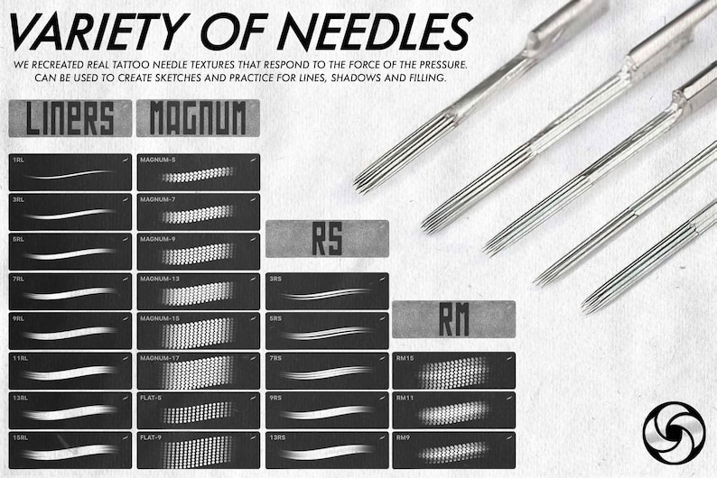 May include: A variety of tattoo needles for liners, magnums, round shaders, and round magnums. The needles are arranged in rows with their corresponding stroke patterns. The text "VARIETY OF NEEDLES" is at the top of the image.