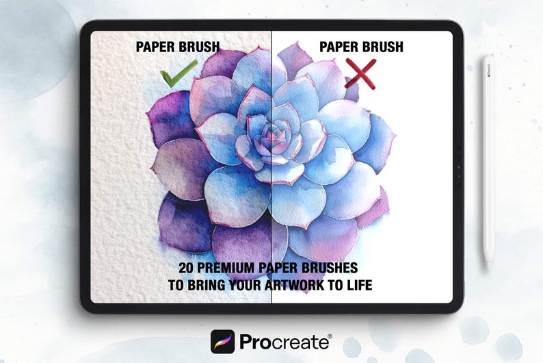 May include: A digital tablet displays a watercolor illustration of a succulent in shades of blue, purple, and white. Text reads "PAPER BRUSH" with a checkmark and an "X" on either side of the image. The text "20 PREMIUM PAPER BRUSHES TO BRING YOUR ARTWORK TO LIFE" is also visible.