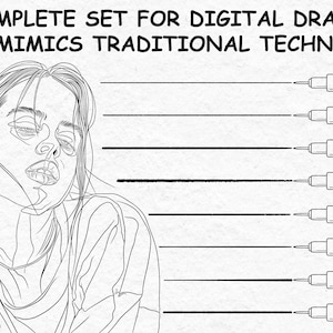 May include: A complete set of digital drawing tools that mimic traditional techniques. The tools are shown with a line drawn by each tool. The tools are black and white with a flower design on the side.