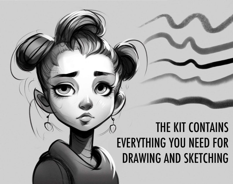 May include: Black and white illustration of a girl with a sad expression. The girl has her hair pulled back in two buns. The text "THE KIT CONTAINS EVERYTHING YOU NEED FOR DRAWING AND SKETCHING" is visible in the image.