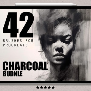 May include: A digital illustration of a woman's face drawn in charcoal. The image is displayed on a tablet screen. The text "42 Brushes for Procreate Charcoal Budnle" is displayed on the screen.