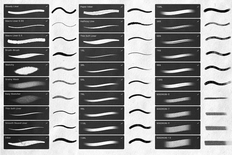 May include: A digital illustration of 24 different brush strokes, each with a unique texture and style. The brush strokes are arranged in two columns, with the names of each brush stroke listed to the left of the stroke.