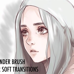 May include: A digital illustration of a woman with long, light blue hair wearing a gray beanie. The woman is looking to the right and has a soft, dreamy expression. The background is a soft, gray gradient.
