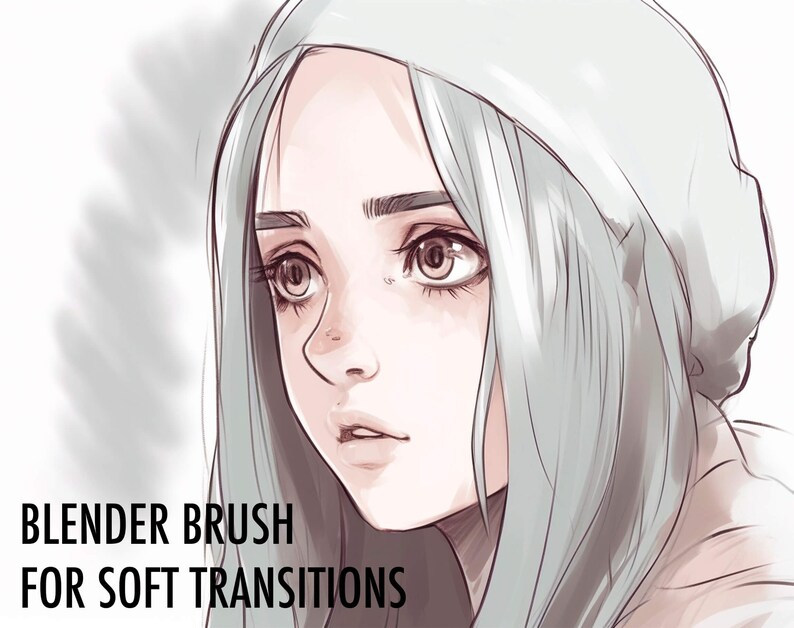 May include: A digital illustration of a woman with long, light blue hair wearing a gray beanie. The woman is looking to the right and has a soft, dreamy expression. The background is a soft, gray gradient.