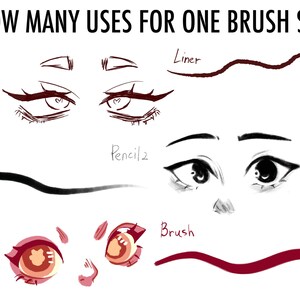 May include: A digital illustration showing how to use a brush set for drawing eyes. The image shows three different styles of eyes drawn with a liner, pencil, and brush. The text "How many uses for one brush set" is at the top of the image.