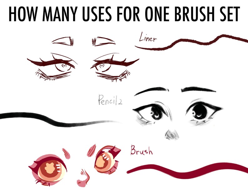 May include: A digital illustration showing how to use a brush set for drawing eyes. The image shows three different styles of eyes drawn with a liner, pencil, and brush. The text "How many uses for one brush set" is at the top of the image.