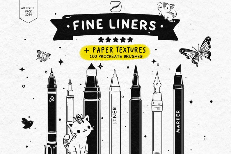 May include: A set of 100 Procreate brushes for digital art, featuring fine liners, markers, and paper textures. The brushes are designed to create realistic line art and textures.