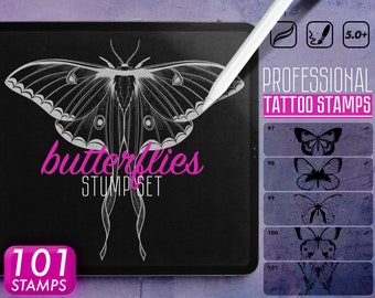 101 Butterflies Stamps For Procreate, Butterflies Tattoo Stamps, Procreate Stamp Butterfly, Stamp Brushes for Procreate, Moths Procreate