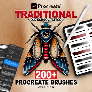 May include: Digital art supplies for Procreate. The image features a stylized tattoo-style insect with a large eye, the words "Traditional Old School Tattoo," and a tablet with brush samples. The text "200+ Procreate Brushes 2026 Edition" is also visible.