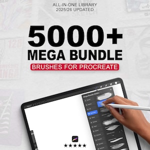 Op de afbeelding: Advertentie voor een digitale kunstbundel. De afbeelding toont een tablet met een stylus, met een Procreate-penseelset. De tekst luidt "5000+ MEGA BUNDLE BRUSHES FOR PROCREATE" met de extra tekst "ALL-IN-ONE LIBRARY 2025/26 UPDATED".