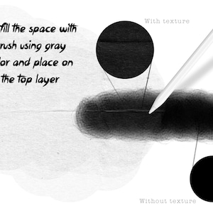 May include: A digital illustration showing the difference between a brush stroke with and without texture. The text "just fill the space with brush using gray colour and place on the top layer" is visible in the image.