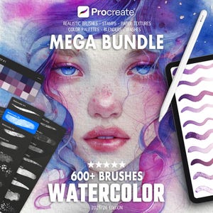 May include: A Procreate digital art bundle with watercolor brushes, stamps, and paper textures. The image shows a tablet with a stylus, colour palettes, and the text "MEGA BUNDLE" and "600+ BRUSHES WATERCOLOR". The artwork features a watercolour painting of a woman.